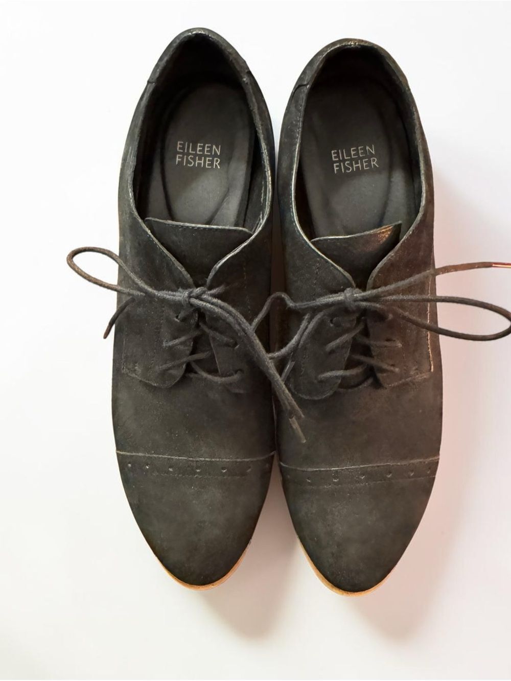 Eileen Fisher Act Wedge Oxford Shoes Suede Wood Platform 9 - Picture 3 of 8